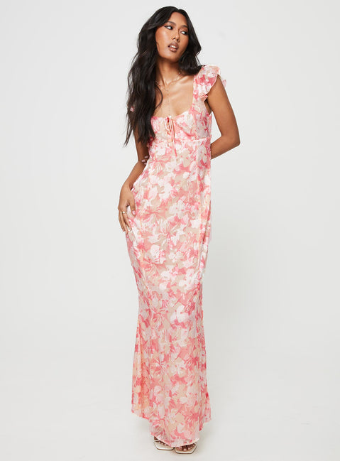 Front view of model wearing  front Princess Polly Sweetheart Neckline  Julianne Flutter Sleeve Maxi Dress Pink Multi