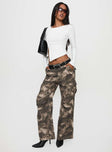 front view of model wearing Princess Polly Mischief Camo Pants Green Low Rise Pants 