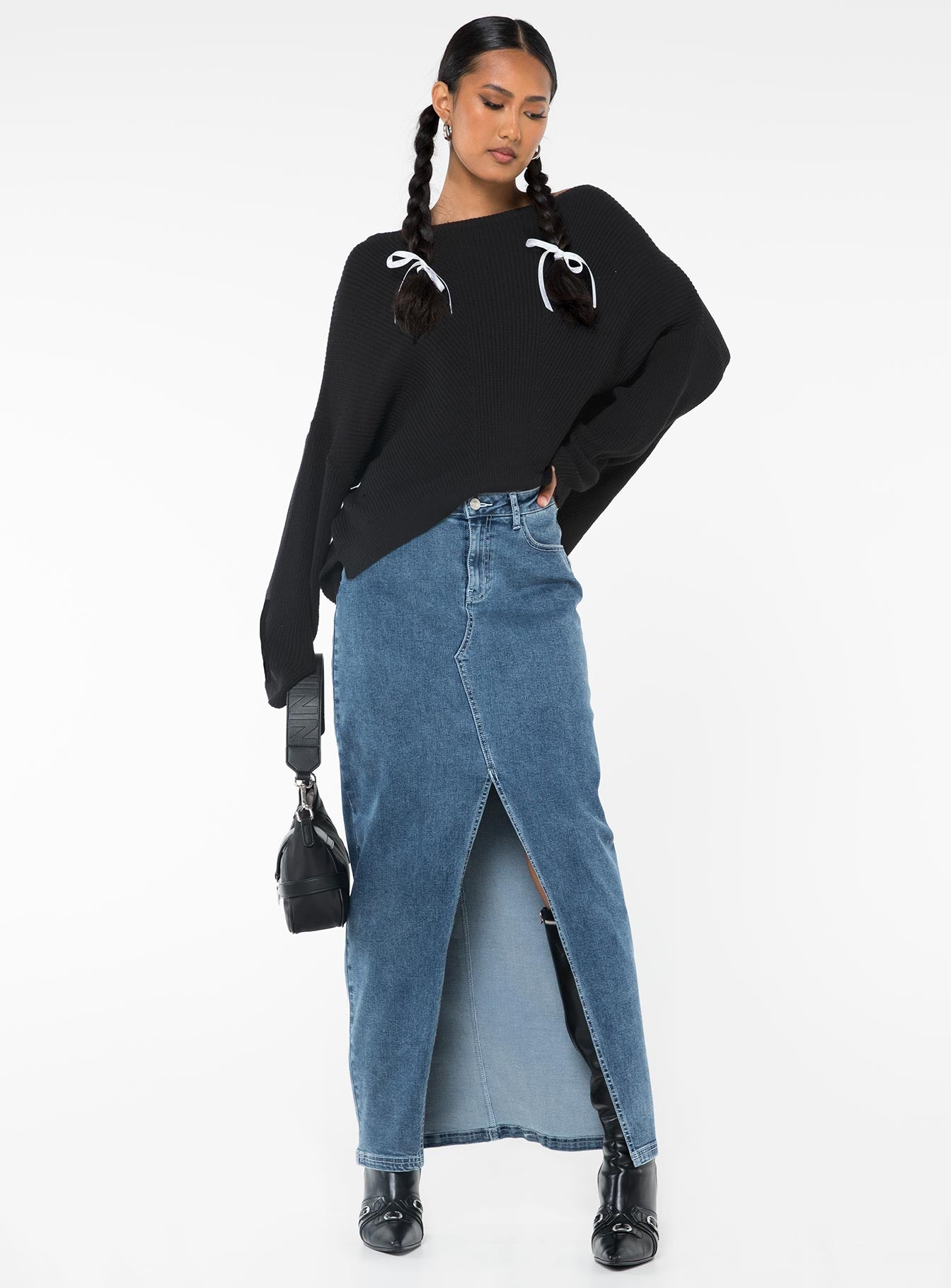 front view of model wearing Princess Polly Eames Sweater Black Long 