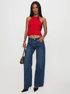 front view of model wearing Princess Polly Rozier Top Red Sleeveless High Neck 
