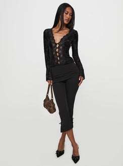 back view of model wearing Princess Polly Find An Angel Long Sleeve Lace Trim Top Black Full Sleeves Plunger 