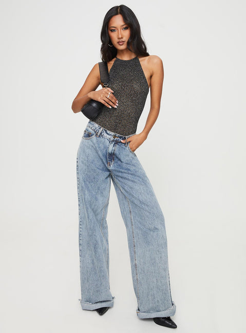 front view of model wearing Princess Polly Meegan Bodysuit Black Sleeveless Crew Neck 