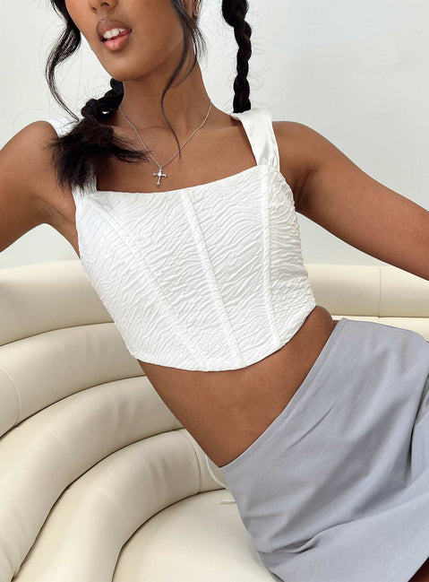 Front view of model wearing  front Princess Polly Sleeveless Boat Neck  Ludwick Corset Top White