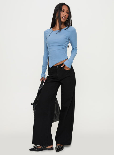 front view of model wearing Princess Polly Baseline Rib Long Sleeve Top Blue Full Sleeves Crew Neck 