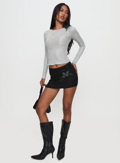 front view of model wearing Princess Polly Context Long Sleeve Top Silver Full Sleeves Crew Neck 