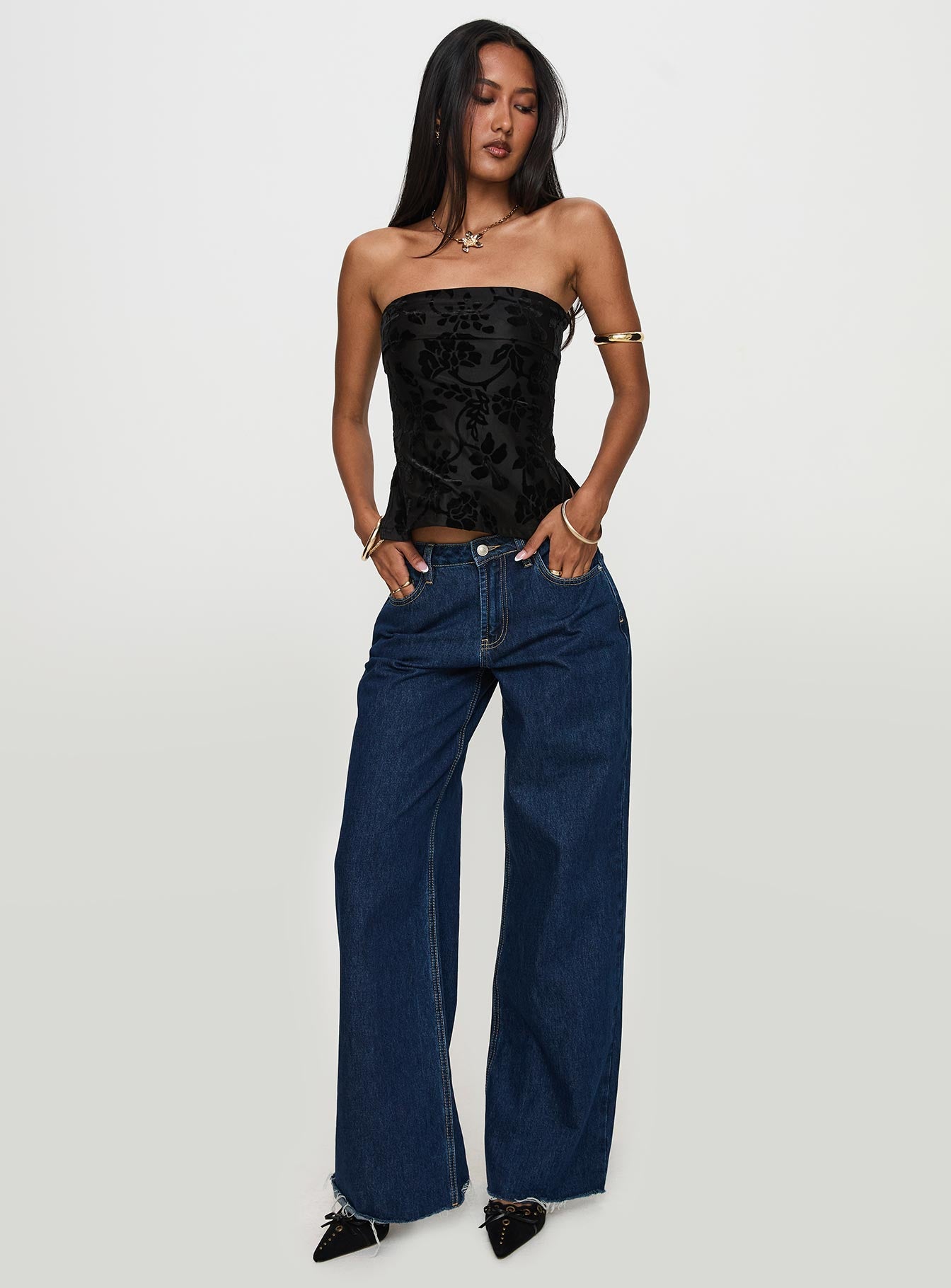 front view of model wearing Princess Polly Attlee Strapless Top Black Floral Sleeveless straight 