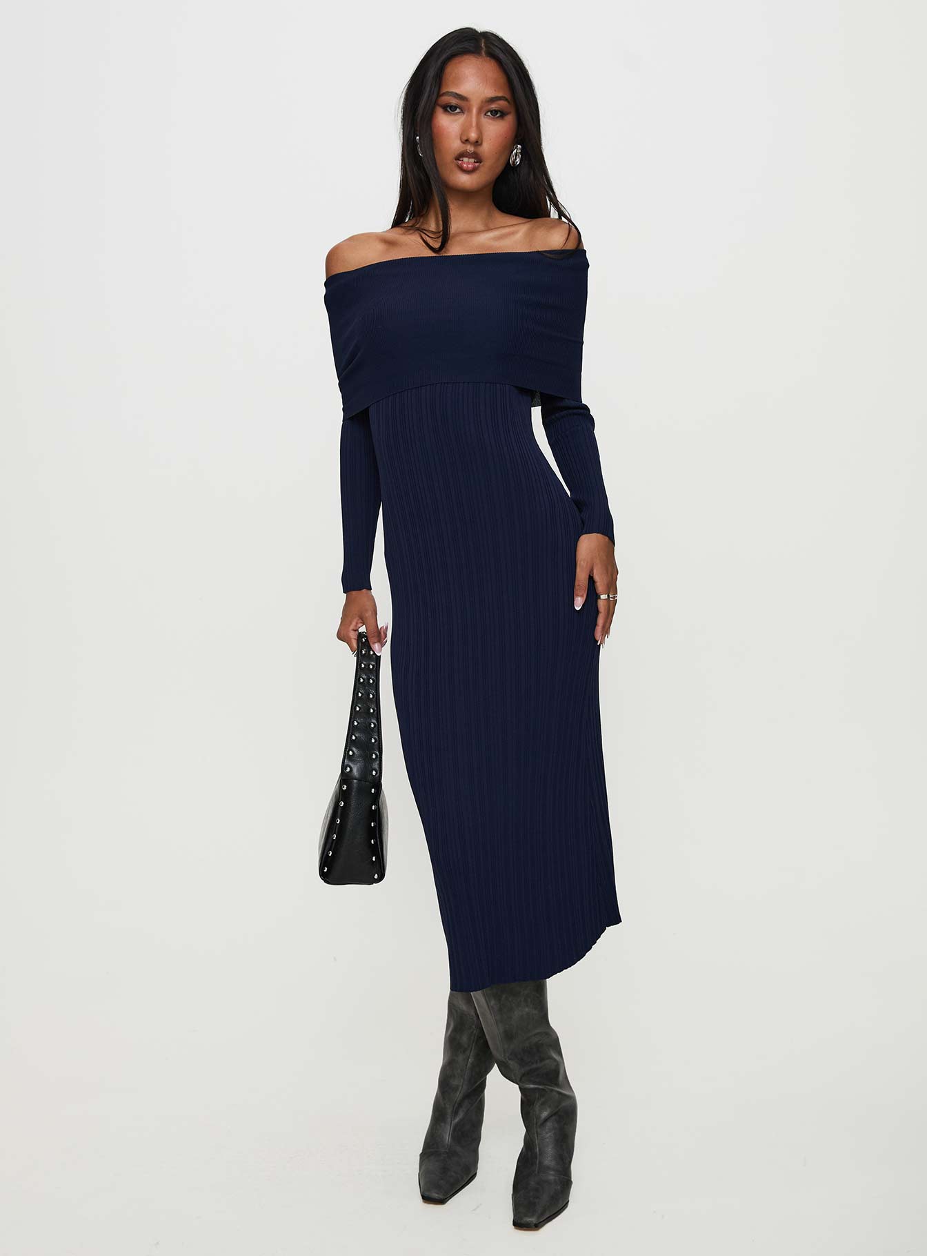 side view of model wearing Princess Polly Flisse Long Sleeve Rib Maxi Dress Navy Straight Neck 