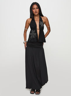   front view of model wearing Princess Polly Gezabele Asymmetrical Maxi Skirt Black Maxi 