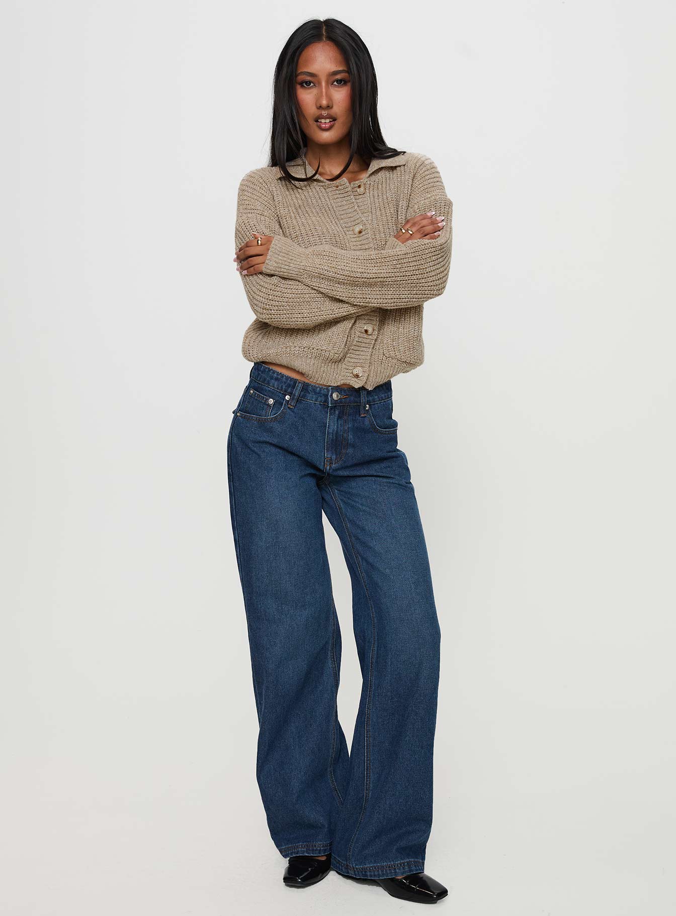 back view of model wearing Princess Polly Darcel Button Up Knit Cardigan Mocha 