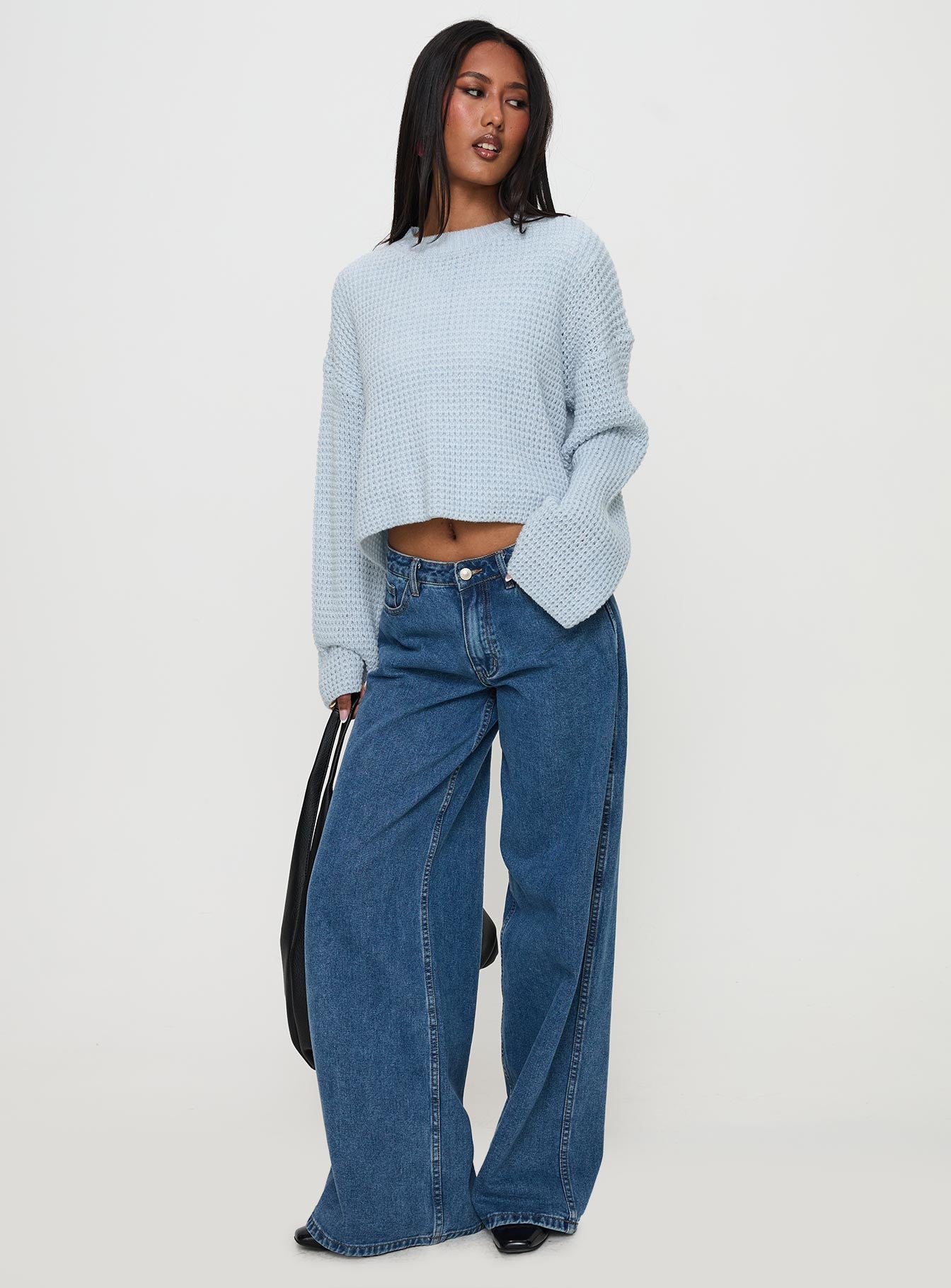 front view of model wearing Princess Polly Elinda Knit Sweater Blue Cropped 