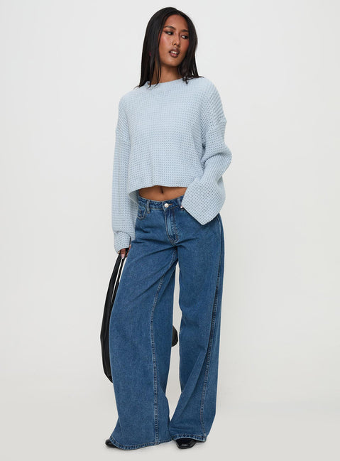 front view of model wearing Princess Polly Elinda Knit Sweater Blue Cropped 