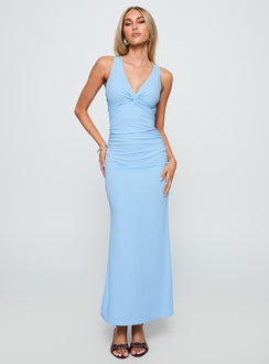 front view of model wearing Princess Polly Mesmerise Halter Maxi Dress Blue Plunger 