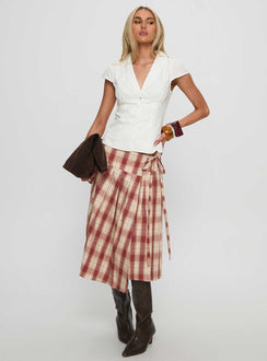   front view of model wearing Princess Polly Norie Wrap Pleat Midi Skirt Red Plaid Midi Skirts 