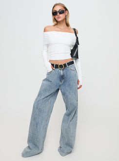 side view of model wearing Princess Polly Morley Off Shoulder Sweater White cropped 