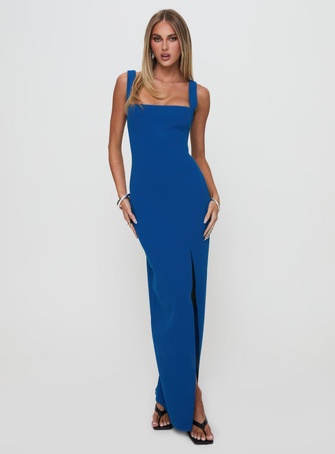 side view of model wearing Princess Polly Bombshell Maxi Dress Cobalt Square Neck 