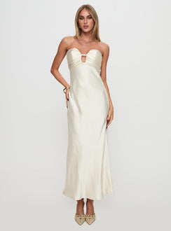 front view of model wearing Princess Polly Cyprian Strapless Maxi Dress Champagne Sweetheart Neckline 