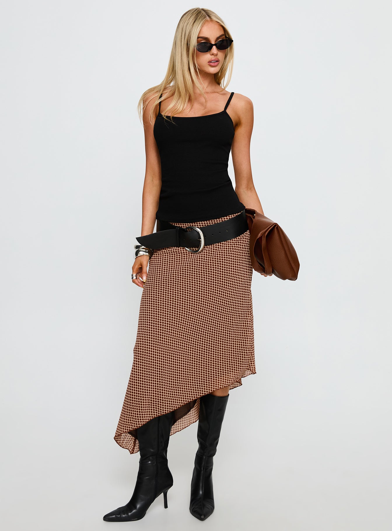   front view of model wearing Princess Polly Suella Asymmetrical Midi Skirt Brown Polka Dot Midi Skirts 