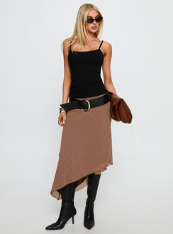   front view of model wearing Princess Polly Suella Asymmetrical Midi Skirt Brown Polka Dot Midi Skirts 
