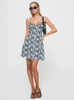 front view of model wearing Princess Polly Fern Mini Dress Black / Blue Floral V-Neck 