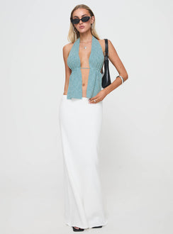 front view of model wearing Princess Polly Kamirie Top Blue Sleeveless Plunger 