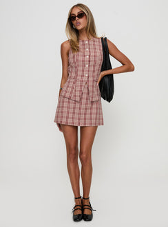 front view of model wearing Princess Polly Theodosia Top Red Check Sleeveless Crew Neck 