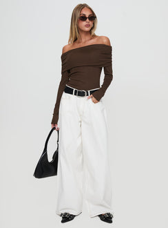 front view of model wearing Princess Polly Spoilt Off The Shoulder Bodysuit Brown Long Sleeve Tops 