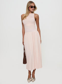 side view of model wearing Princess Polly Reveur Ruched Maxi Dress Pink High Neck 