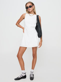 front view of model wearing Princess Polly Swoon Mini Dress White Boat Neck 