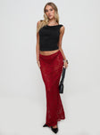 back view of model wearing Princess Polly Lombardio Lace Maxi Skirt Burgundy Maxi 