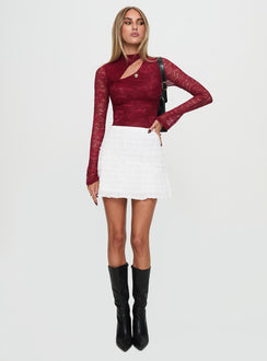 front view of model wearing Princess Polly Twisted Humour Long Sleeve Lace Bodysuit Burgundy Long Sleeve Tops 