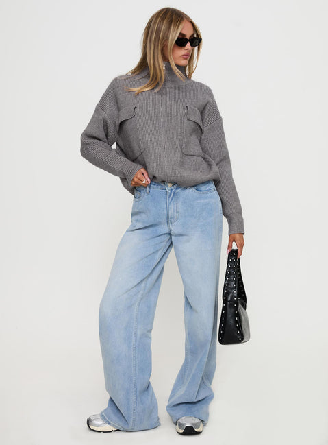 side view of model wearing Princess Polly Too Busy Zip Up Sweater Grey Cropped 