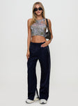 front view of model wearing Princess Polly Travalta Satin Track Pant Navy Low Rise Pants 