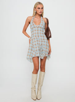 Valorie Halter Mini Dress Blue Check