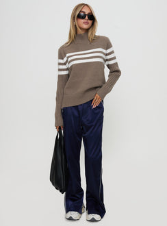 front view of model wearing Princess Polly Bessemer Funnel Neck Knit Sweater Mocha Stripe Long 
