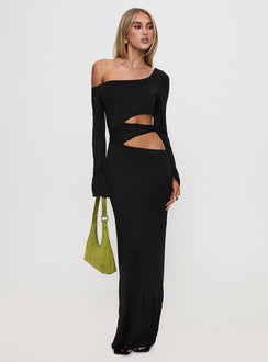 front view of model wearing Princess Polly Kazimier Long Sleeve Maxi Dress Black Asymmetric Neckline 