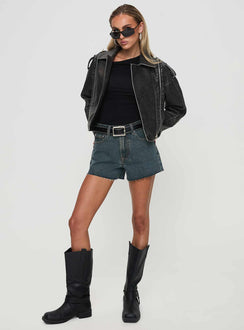 Faux leather jacket Classic collar, silver-toned hardware, twin pockets, dual zip fastening Non-stretch material, fully lined 