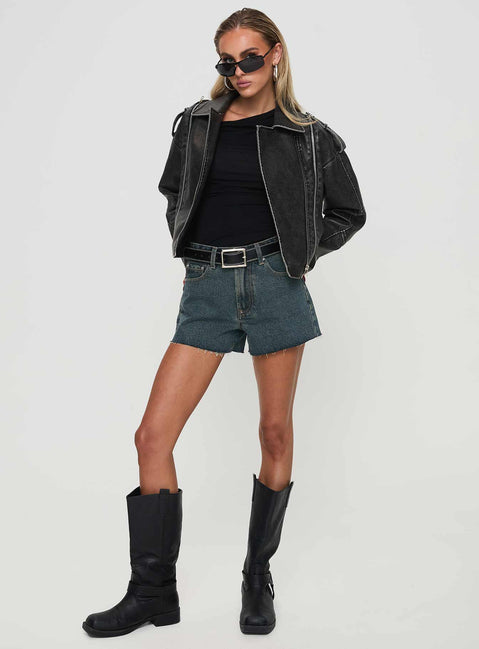 Faux leather jacket Classic collar, silver-toned hardware, twin pockets, dual zip fastening Non-stretch material, fully lined 