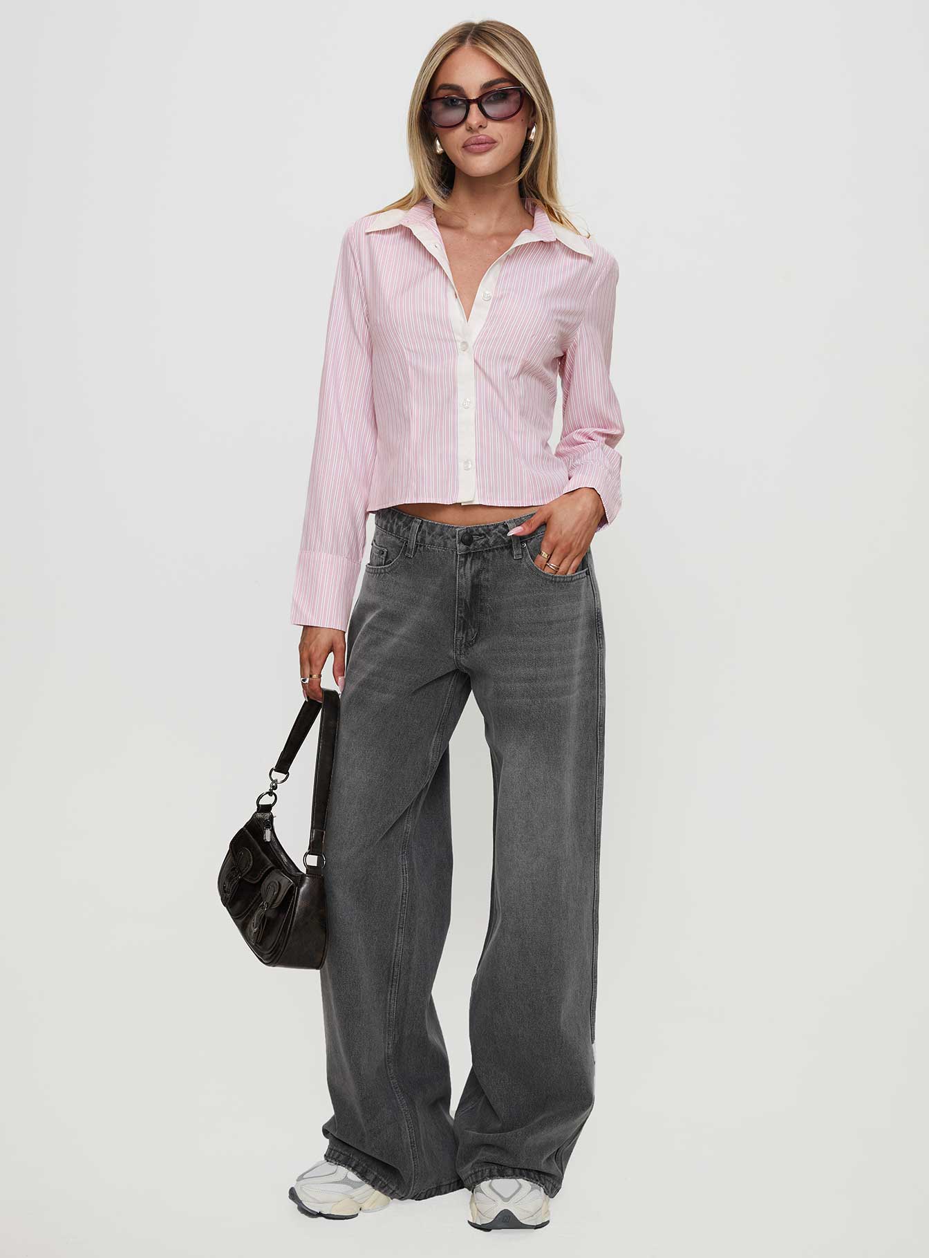 back view of model wearing Princess Polly Lyndel Long Sleeve Top Pink Stripe Full Sleeves V-Neck 