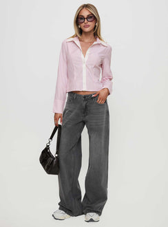 back view of model wearing Princess Polly Lyndel Long Sleeve Top Pink Stripe Full Sleeves V-Neck 