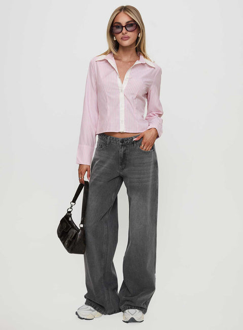 back view of model wearing Princess Polly Lyndel Long Sleeve Top Pink Stripe Full Sleeves V-Neck 