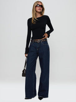 front view of model wearing Princess Polly Harpur Long Sleeve Backless Top Black Full Sleeves Crew Neck 