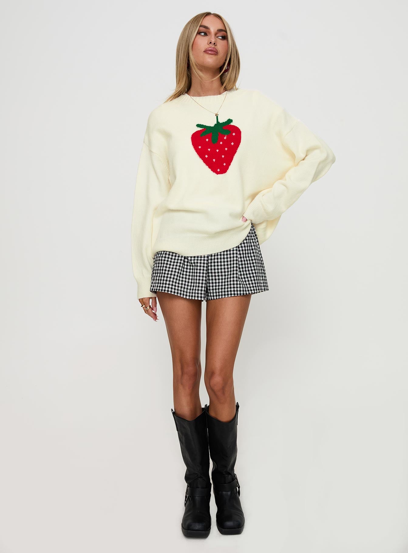 front view of model wearing Princess Polly Living Is Easy Knit Sweater White Long 