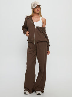 front view of model wearing Princess Polly All Day Straight Leg Sweatpants Chocolate Brown High Rise Pants 