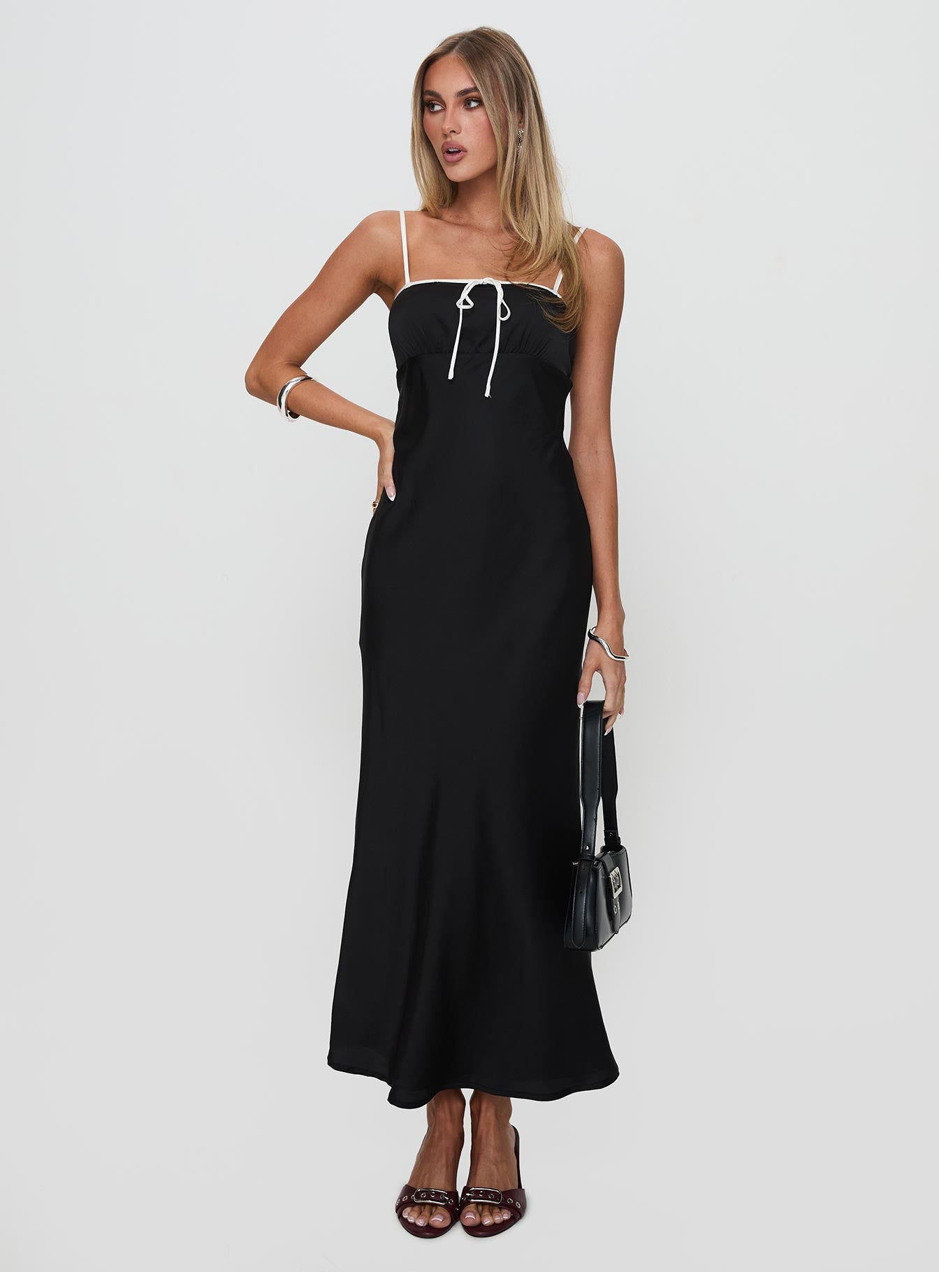 front view of model wearing Princess Polly Vasiliki Maxi Dress Black / White Square Neck 