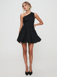 side view of model wearing Princess Polly Debut Bubble Hem Mini Dress Black Asymmetric Neckline 