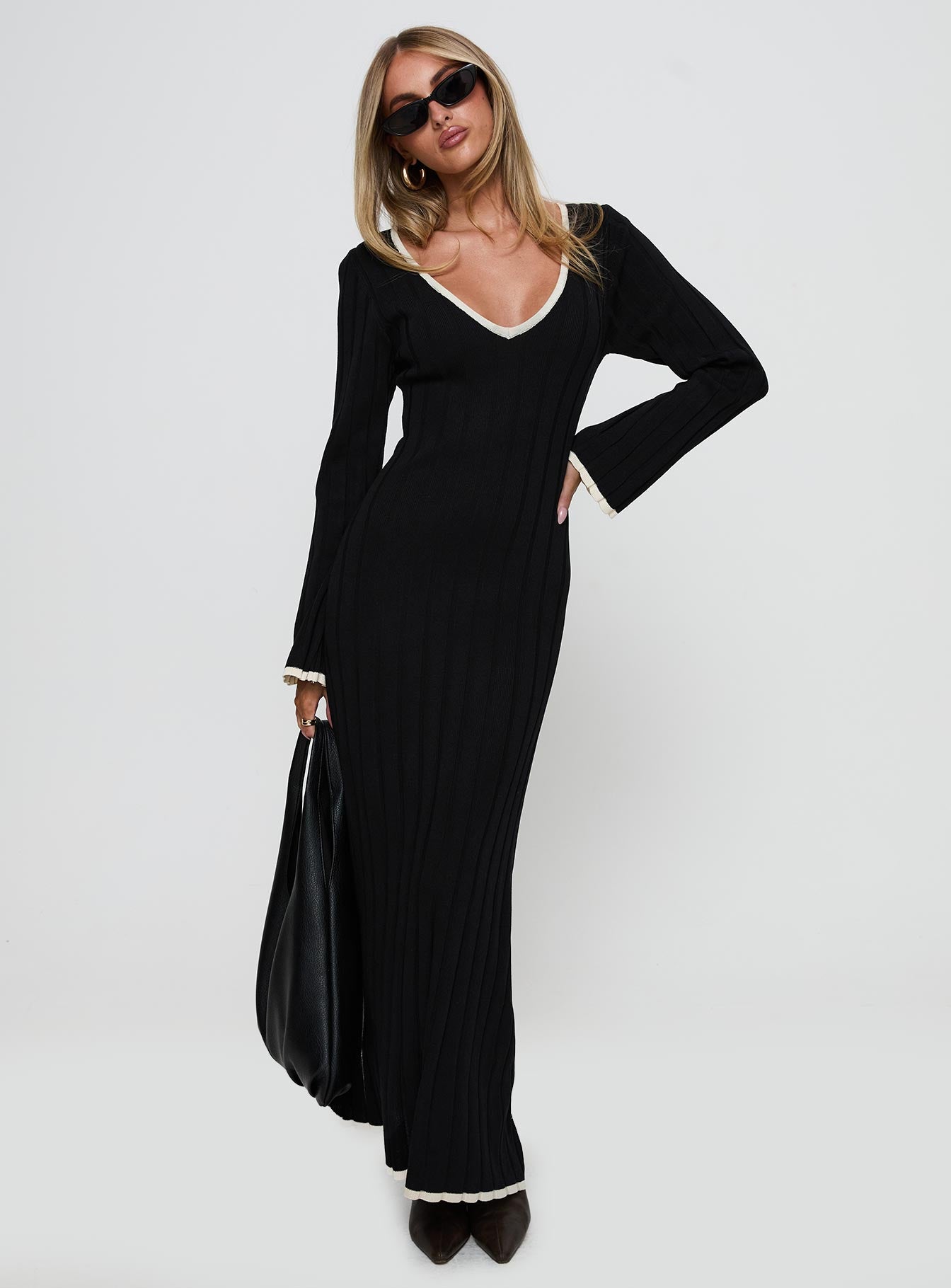 front view of model wearing Princess Polly Claira Long Sleeve Maxi Dress Black Plunger 