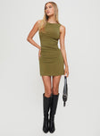 front view of model wearing Princess Polly Eklund Mini Dress Dark Green High Neck 