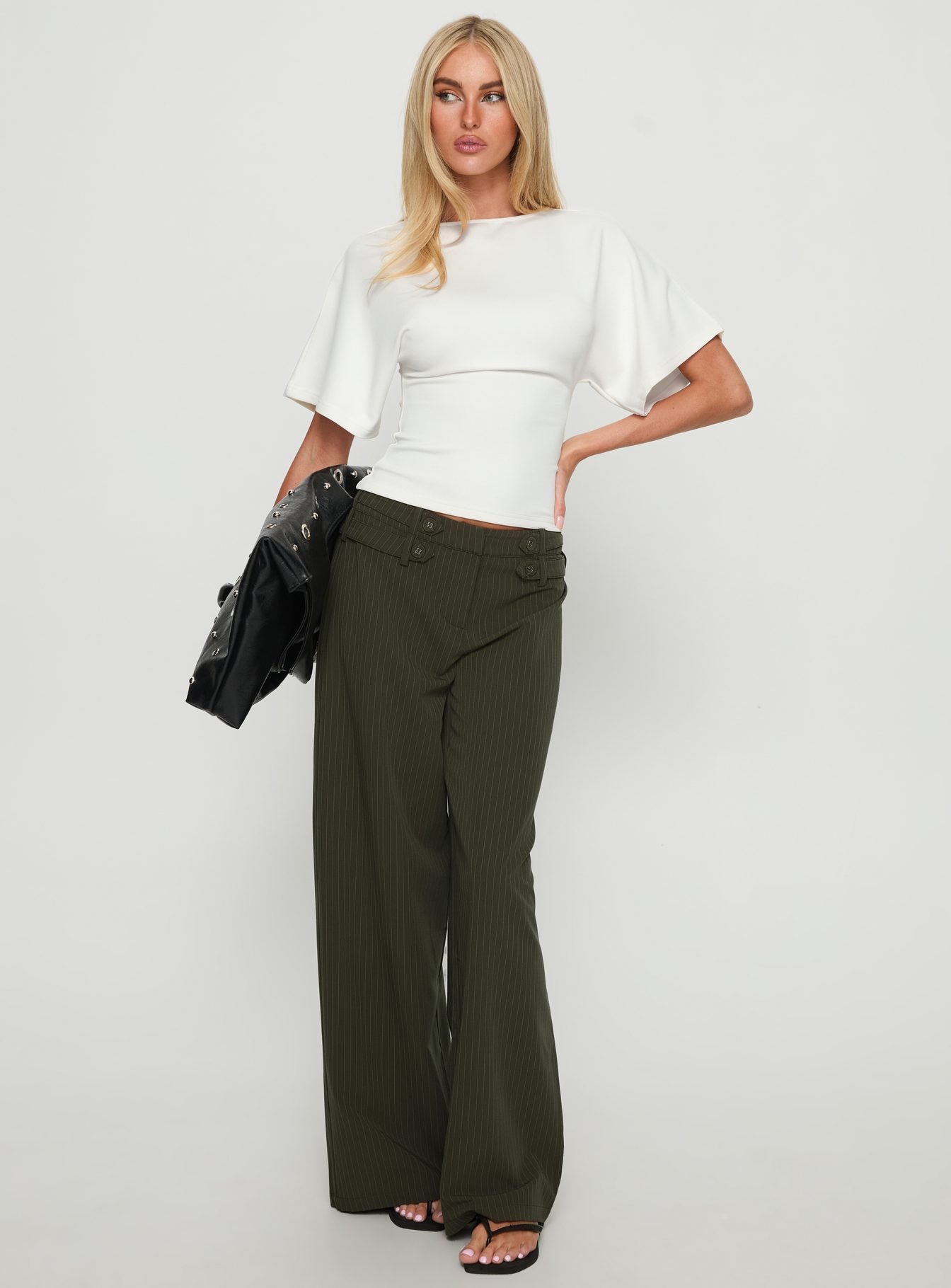 front view of model wearing Princess Polly Jette Tailored Buckle Pant Green Pinstripe High Rise Pants 