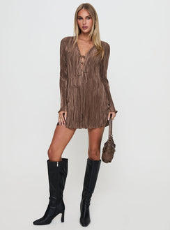 front view of model wearing Princess Polly Malop Long Sleeve Mini Dress Chocolate Petite V-Neck 