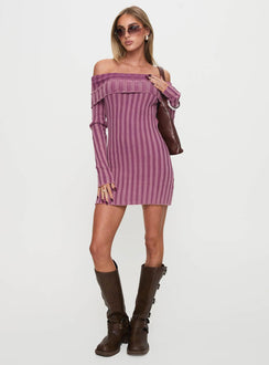 side view of model wearing Princess Polly Kalesie Long Sleeve Rib Mini Dress Pink Straight Neck 